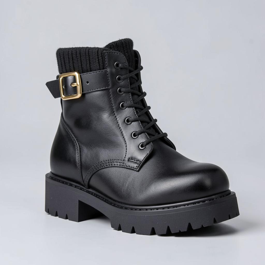 Botines negros con plataforma, cordones y hebilla dorada